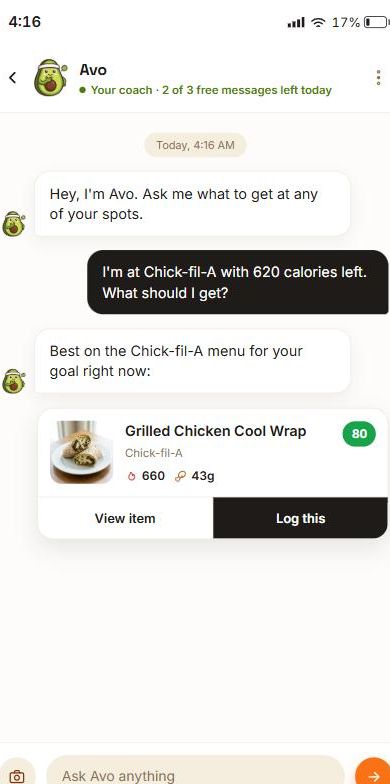 WellPicks AI coach chat recommending a meal