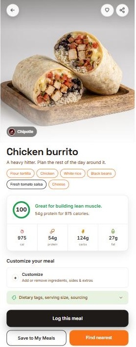 WellPicks item screen for a Chipotle Chicken Burrito showing a 100 score, 54g protein, and 975 calories
