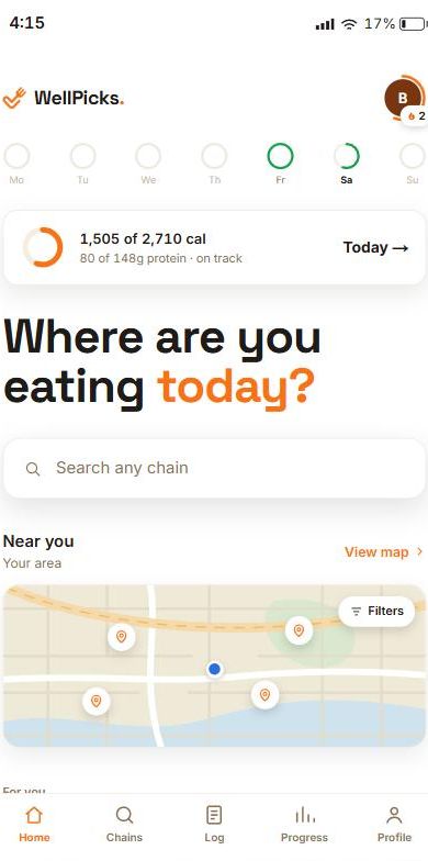 WellPicks home screen showing the best pick at a nearby restaurant